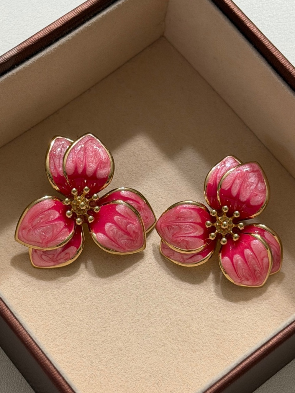 Golden Pink 3-Petal Flower Enamel Statement Earrings.